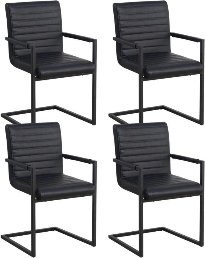 Dimehouse Set van 4 Eetkamerstoelen Kuba Industrieel Zwart Kunstleer Met Armleuningen Kunstleer Industrieel