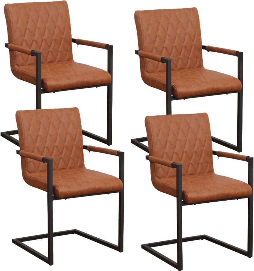 Dimehouse Set van 4 Eetkamerstoelen Ruben Industrieel Cognac Kunstleer Met Armleuningen Kunstleer Industrieel