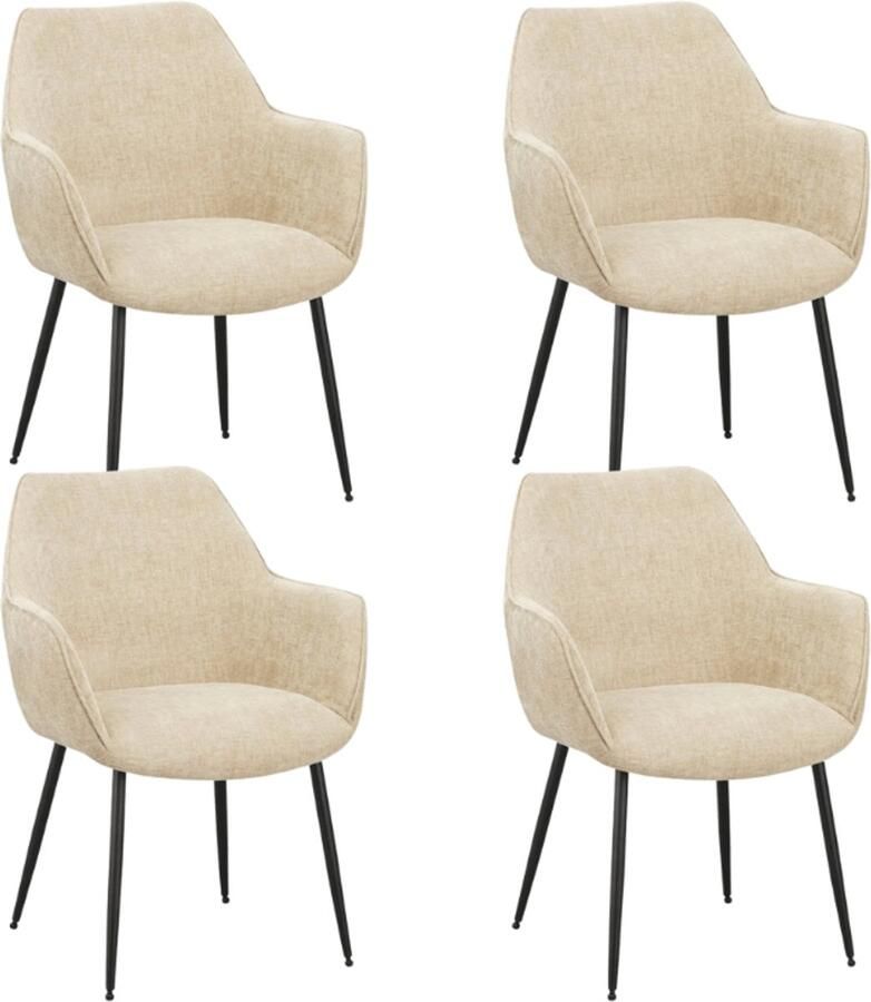 Dimehouse Set van 4 Eetkamerstoelen Sev Beige Chenille Stof Met Armleuning Stof Scandinavisch & Basic