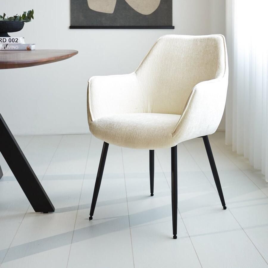 Dimehouse Set van 4 Eetkamerstoelen Sev Crème Chenille Stof Met Armleuning Stof Scandinavisch & Basic
