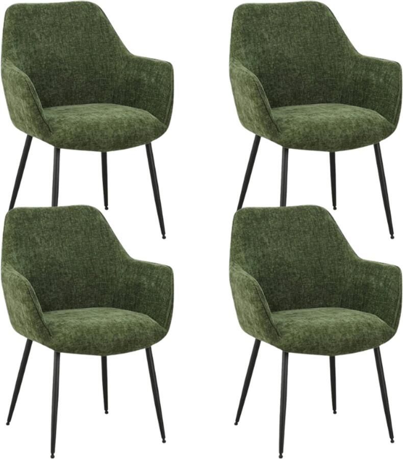 Dimehouse Set van 4 Eetkamerstoelen Sev Groen Chenille Stof Met Armleuning Stof Scandinavisch & Basic