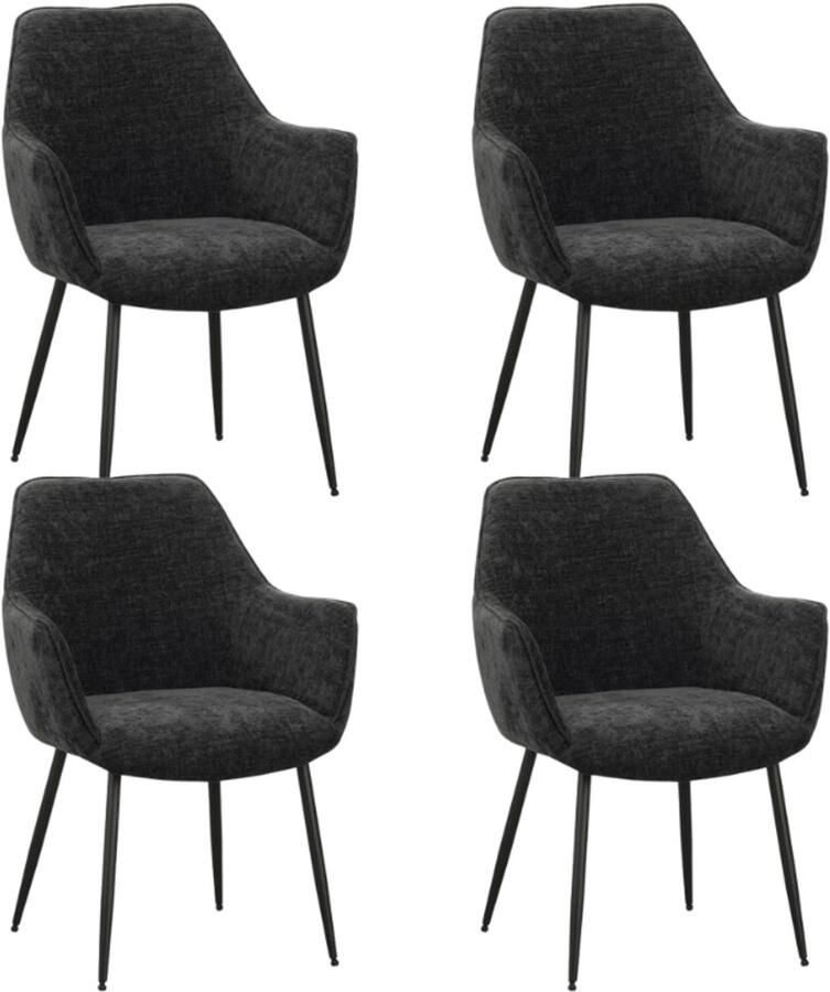 Dimehouse Set van 4 Eetkamerstoelen Sev Zwart Chenille Stof Met Armleuning Stof Scandinavisch & Basic