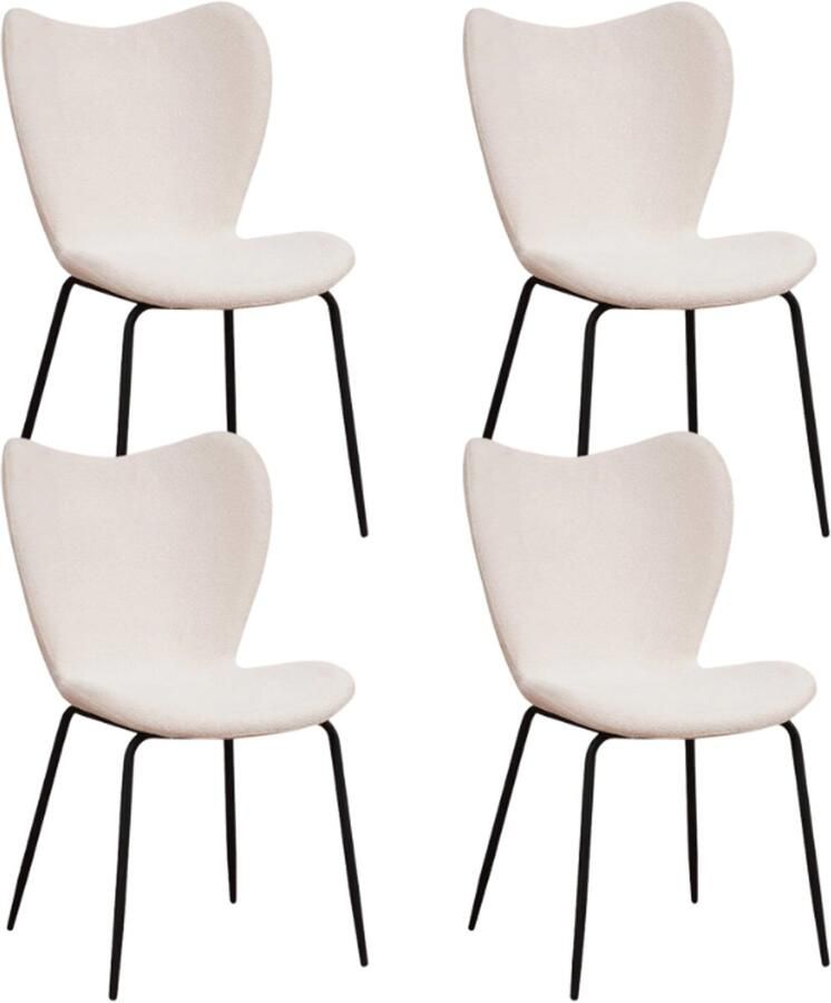 Dimehouse Set van 4 Eetkamerstoelen Sia Crème Bouclé Stof Zonder Armleuningen Stof Industrieel