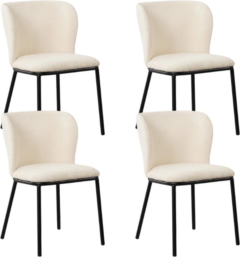 Dimehouse Set van 4 Eetkamerstoelen Tess Wit Bouclé Stof Zonder Armleuningen Stof Industrieel