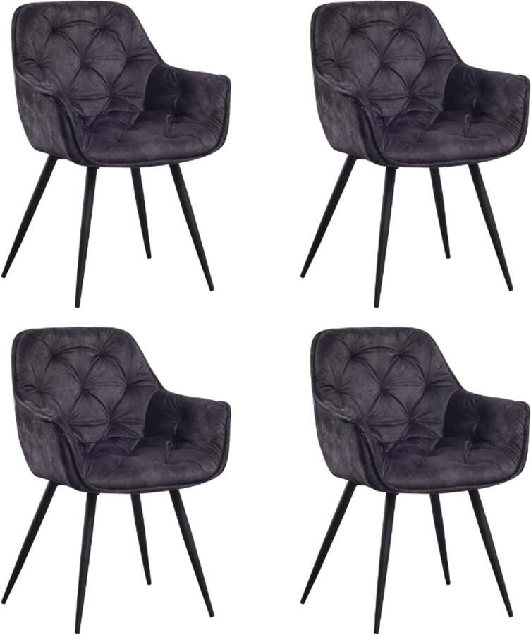 Dimehouse Set van 4 Eetkamerstoelen Velvet Antraciet Stof Audrey Met Armleuningen Stof Industrieel