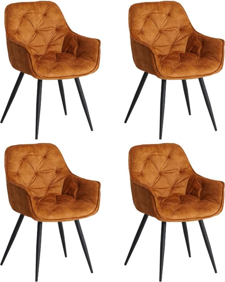 Dimehouse Set van 4 Eetkamerstoelen Velvet Okergeel Stof Audrey Met Armleuningen Stof Industrieel