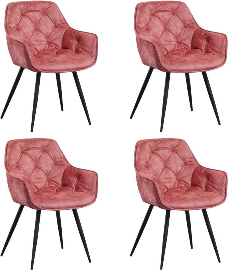 Dimehouse Set van 4 Eetkamerstoelen Velvet Roze Stof Audrey Met Armleuningen Stof Industrieel