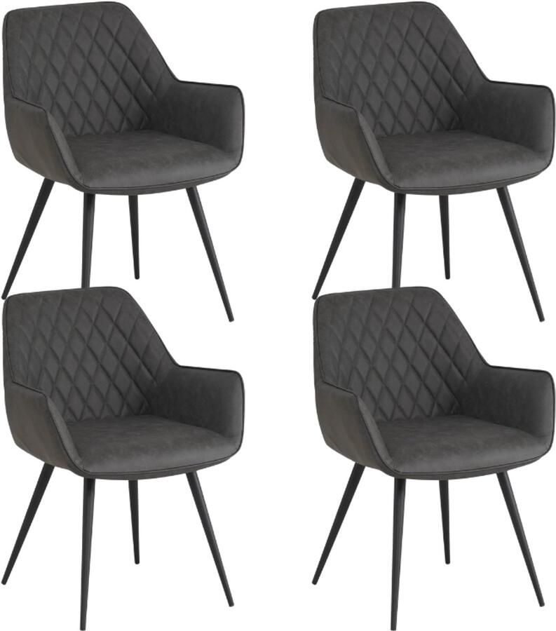 Dimehouse Set van 4 Industriële Eetkamerstoelen Cara Antraciet Ruitpatroon Kunstleer Met Armleuning Kunstleer Industrieel
