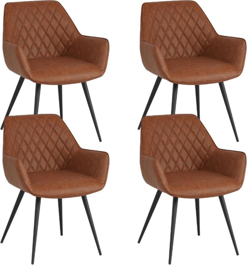 Dimehouse Set van 4 Industriële Eetkamerstoelen Cara Cognac Ruitpatroon Kunstleer Met Armleuning Kunstleer Industrieel