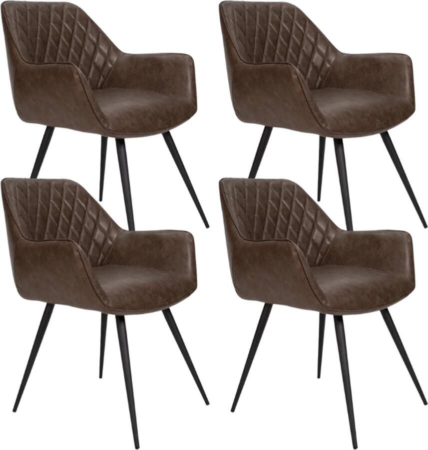 Dimehouse Set van 4 Industriële Eetkamerstoelen Cara Taupe Ruitpatroon Kunstleer Met Armleuning Kunstleer Industrieel