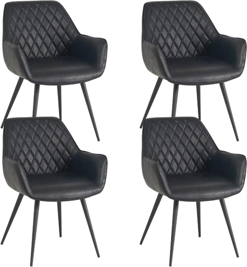 Dimehouse Set van 4 Industriële Eetkamerstoelen Cara Zwart Ruitpatroon Kunstleer Met Armleuning Kunstleer Industrieel
