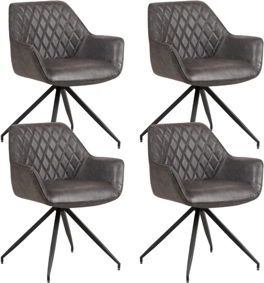 Dimehouse Set van 4 Industriële Eetkamerstoelen Gian Antraciet Met Armleuningen Kunstleer Industrieel