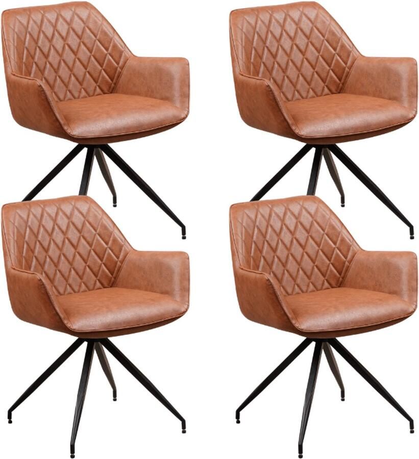 Dimehouse Set van 4 Industriële Eetkamerstoelen Gian Cognac Met Armleuningen Kunstleer Industrieel