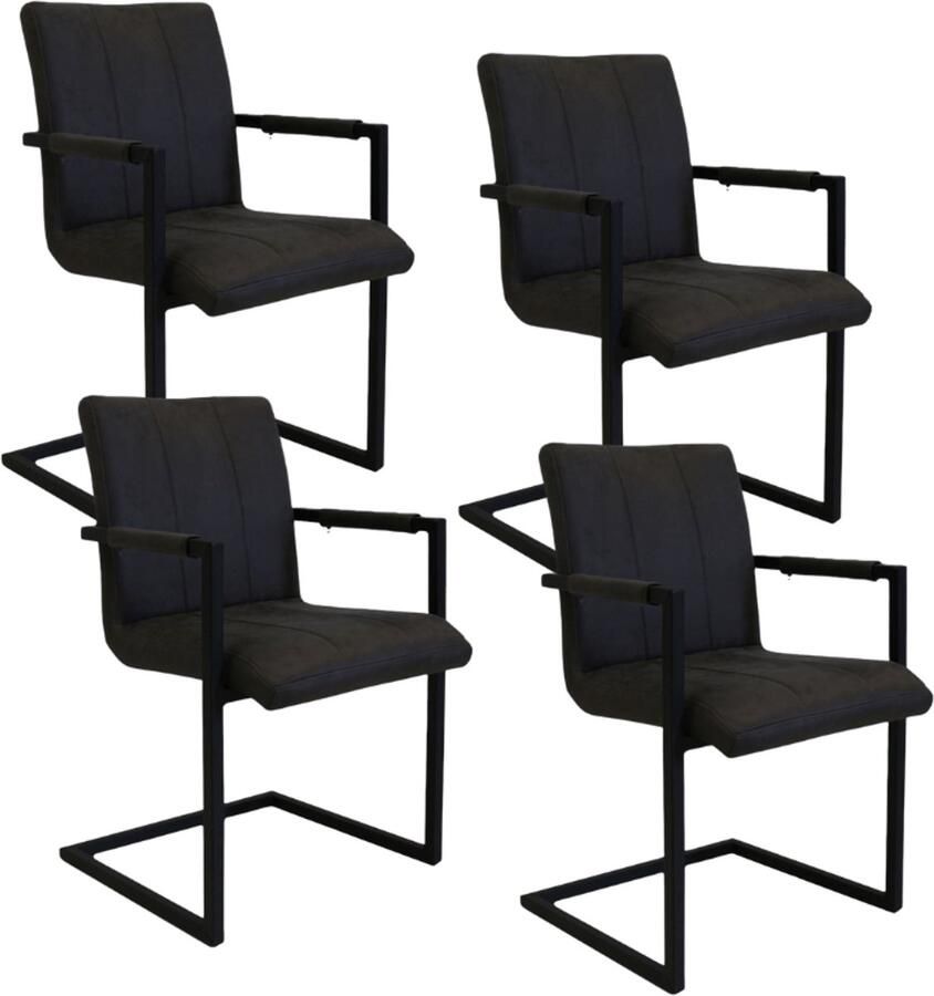 Dimehouse Set van 4 Industriële Eetkamerstoelen Jackson Antraciet Microvezel Met Armleuningen Stof Industrieel
