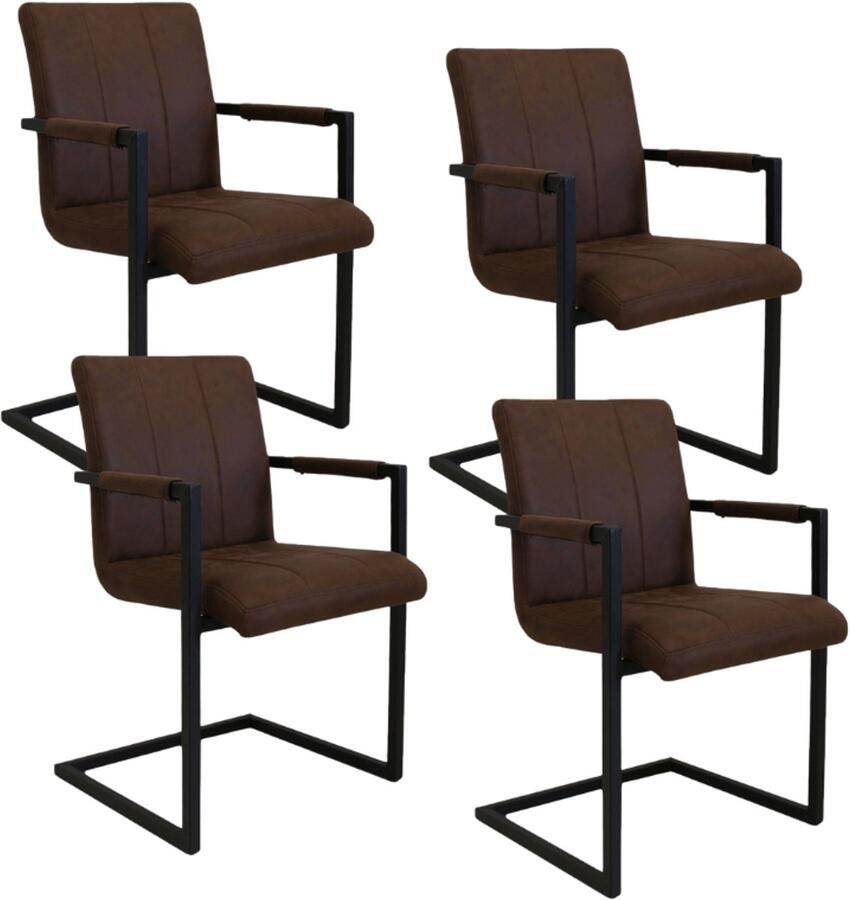 Dimehouse Set van 4 Industriële Eetkamerstoelen Jackson Bruin Microvezel Met Armleuningen Stof Industrieel