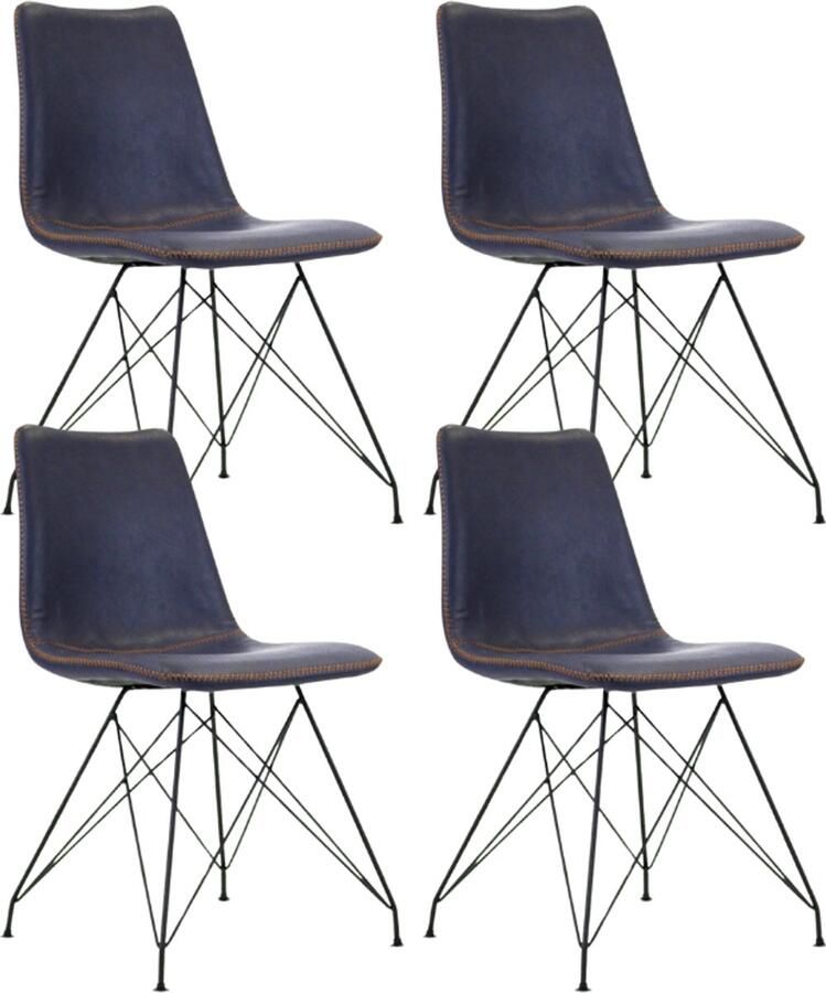 Dimehouse Set van 4 Industriële Eetkamerstoelen Viano Blauw Zonder Armleuningen Kunstleer Industrieel