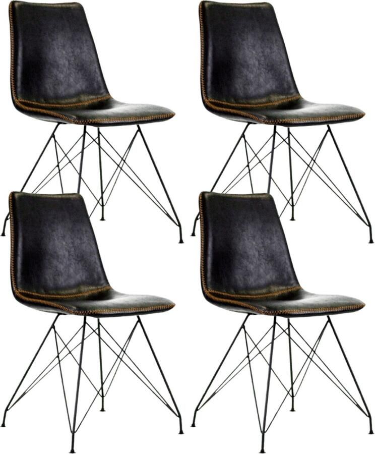 Dimehouse Set van 4 Industriële Eetkamerstoelen Viano Zwart Zonder Armleuningen Kunstleer Industrieel