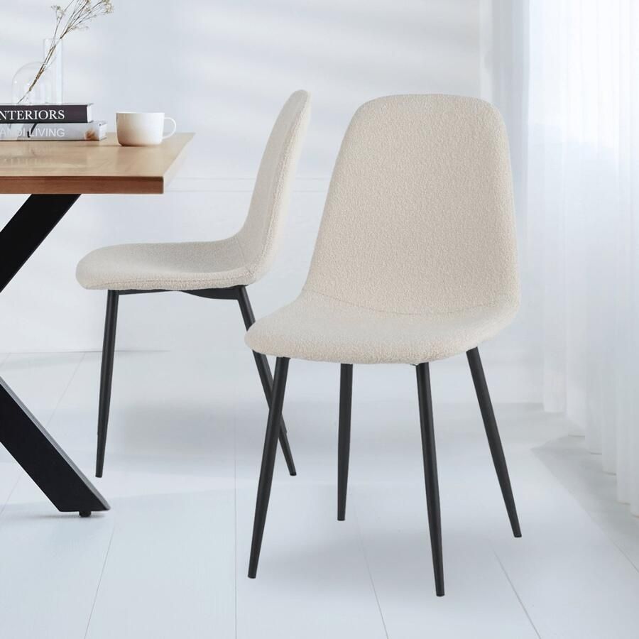 Dimehouse DH Interior Set van 4 Scandinavische Eetkamerstoelen Crème Bouclé Stof Swift Zonder Armleuningen Stof Scandinavisch & Basic