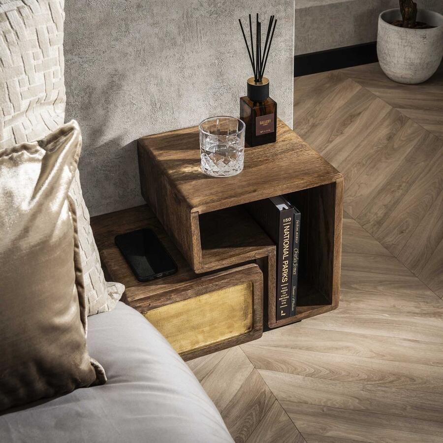 Dimehouse Solano Set van 2 Nachtkastjes Massief Mango Zand Brass - Foto 2