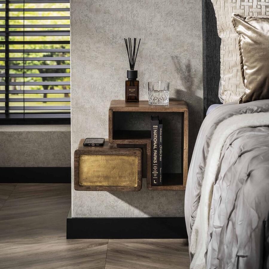 Dimehouse Solano Set van 2 Nachtkastjes Massief Mango Zand Brass