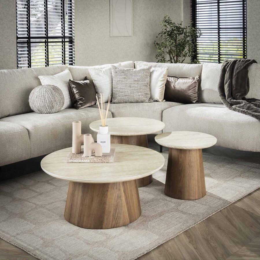LifestyleFurn Ronde Salontafel Laycie Keramiek in Travertinlook Set van 3 stuks Ceramic travertine