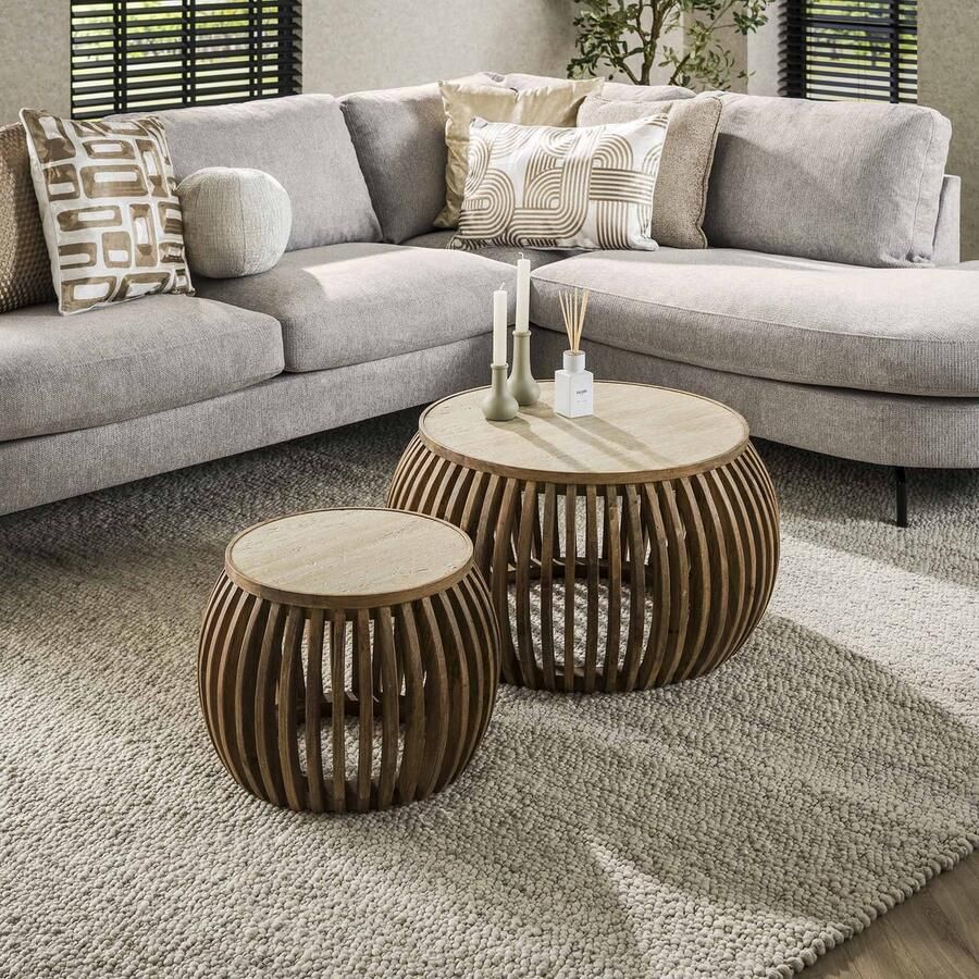 LifestyleFurn Ronde Salontafel Beckie Mangohout en travertinlook Set van 2 stuks Massief mango zandkleur