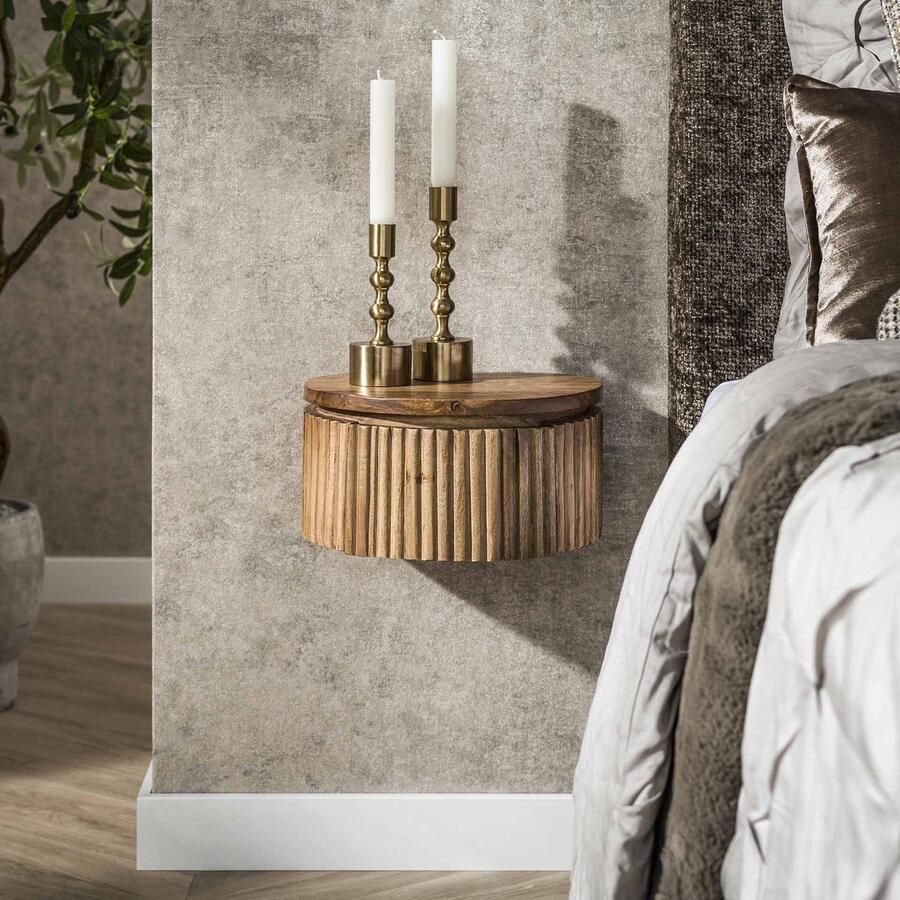 Dimehouse Zwevend nachtkastje Curve rond 1-lade mangohout zand