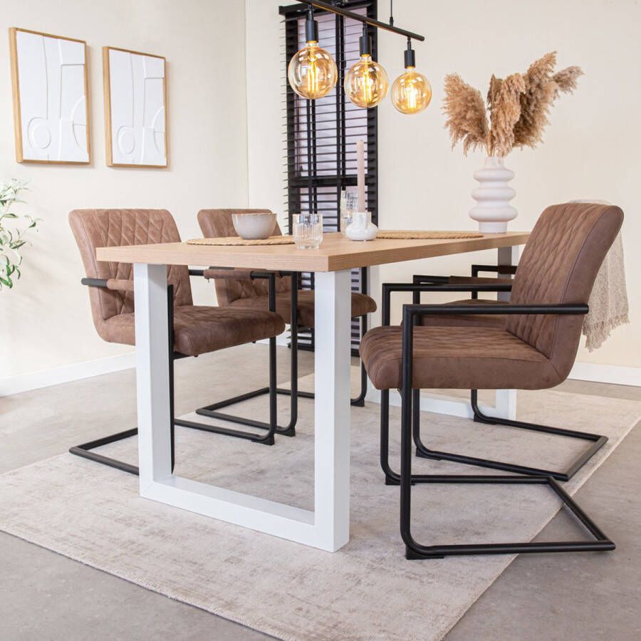 Dimehouse Eettafel Lenzo Rustiek Eiken U-poot wit 190 x 100 x 3 8 cm 190 x 100 x 3 8 cm Hout Industrieel Rechthoek