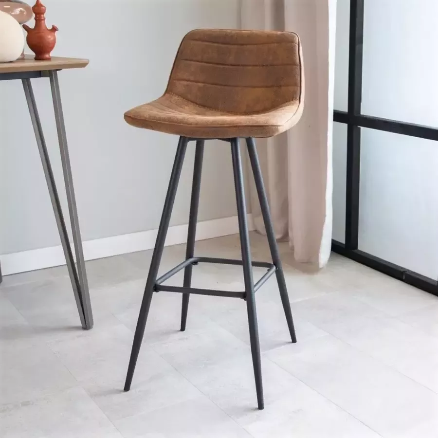 Dimehouse Barkruk Kenton Barkrukken met rugleuning Bruin Stof Geschikt voor Bar(tafel) hoogte Zithoogte 76 cm Industrieel Niet in hoogte verstelbaar Barstoel Bruin
