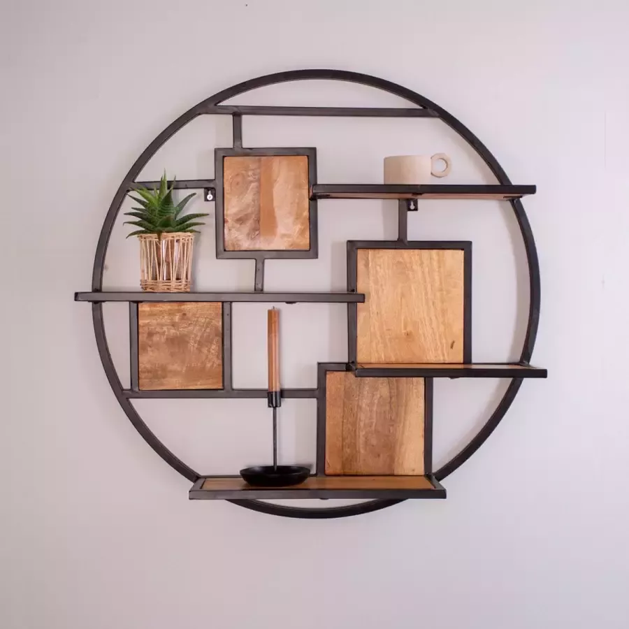 Dimehouse Kota Wandrek Industrieel Ø 80 cm Metaal Rond Hout - Foto 2