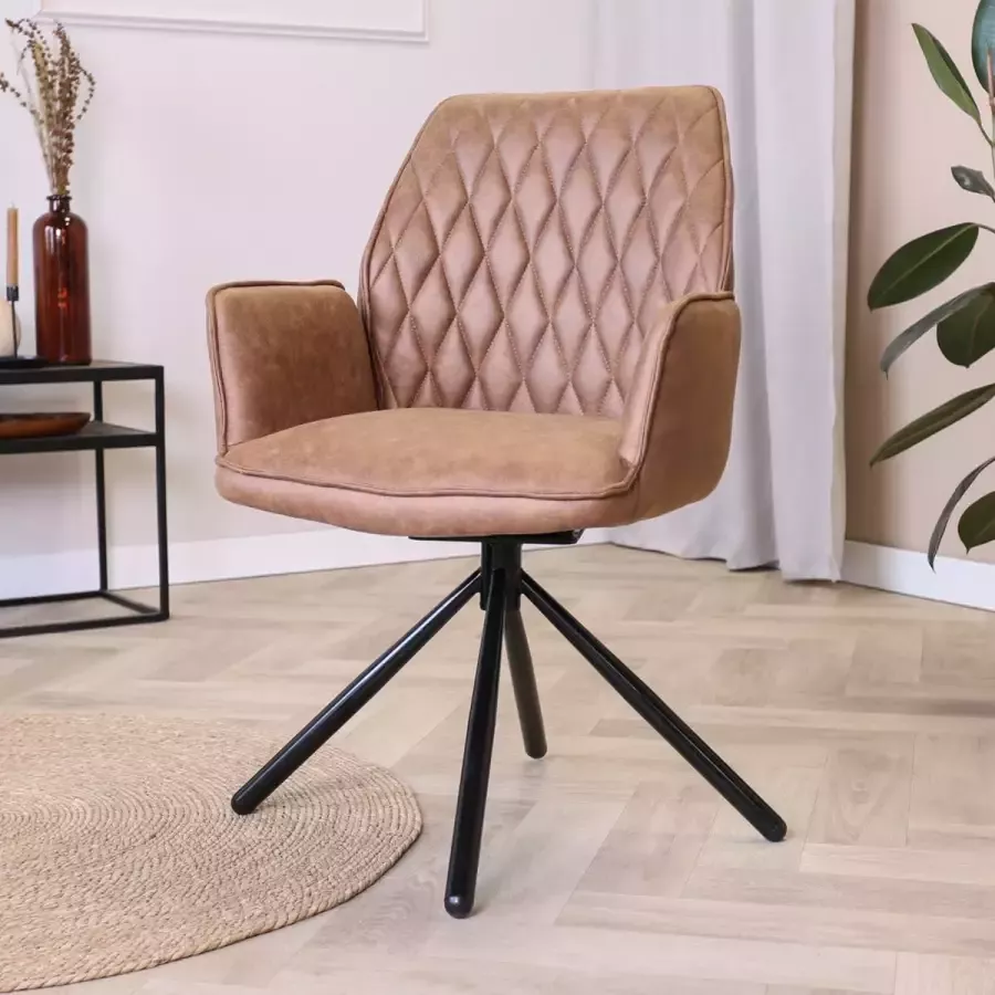 Dimehouse Industriële Draaibare Eetkamerstoel Stof Cognac Novan – 180° Draaibaar Stof Industrieel - Foto 2