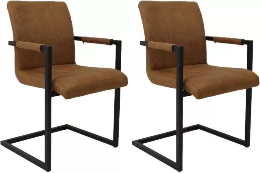 Dimehouse Eetkamerstoelen Set van 2 Cognac Stof Industrieel Zithoogte 46 cm Eetstoelen met armleuning Jackson serie - Foto 2