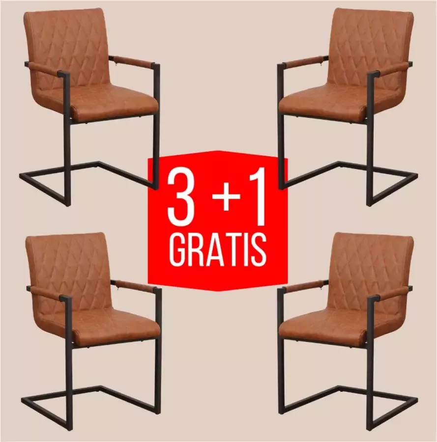 Dimehouse Set van 4 industriële eetkamerstoelen Ruben met arm cognac