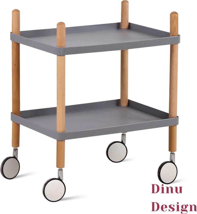 Dinu Design Dinu Disign Barwagen bijzettafel Massief beukenhout Grijs woonkamer -minimalistisch Opbergrek Serveerwagen Keuken Trolley Eiland Trolley 2 lagen Massief Houten Trolley Multifunctionele Trolley Universele Wielen