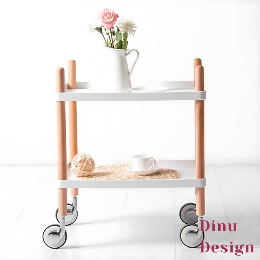 Dinu Design Dinu Disign Barwagen Bijzettafel op wielen -Massief beukenhout Wit woonkamer -minimalistisch Opbergrek Serveerwagen Keuken Trolley Eiland Trolley 2 lagen Massief Houten Trolley Multifunctionele Trolley Universele Wielen