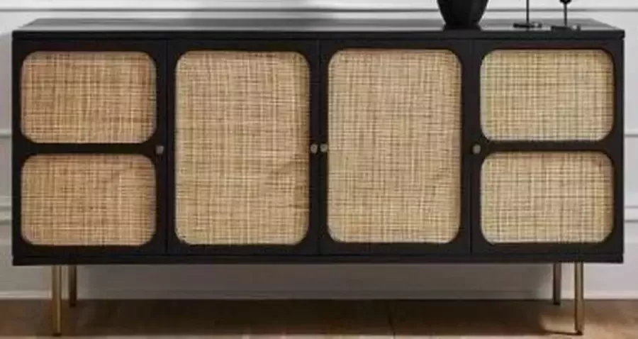 DKD Home Decor Dientafel Zwart Natuurlijk Rotan Mangohout (150 x 40 x 65 cm)