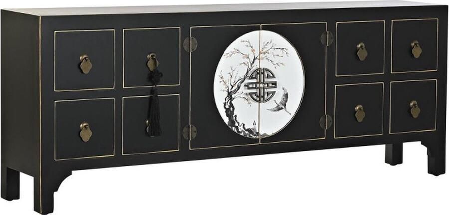 DKD Home Decor Tv-meubel Zwart Orientaals Wit Gouden Wit Zwart Metaal Spar Hout MDF 130 x 26 x 51 cm