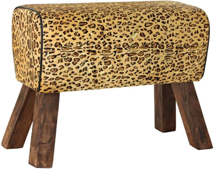 DKD Home Decor Voetensteun Zwart Hout Bruin Leer Luipaard Koloniaal (67 x 30 x 51 cm)