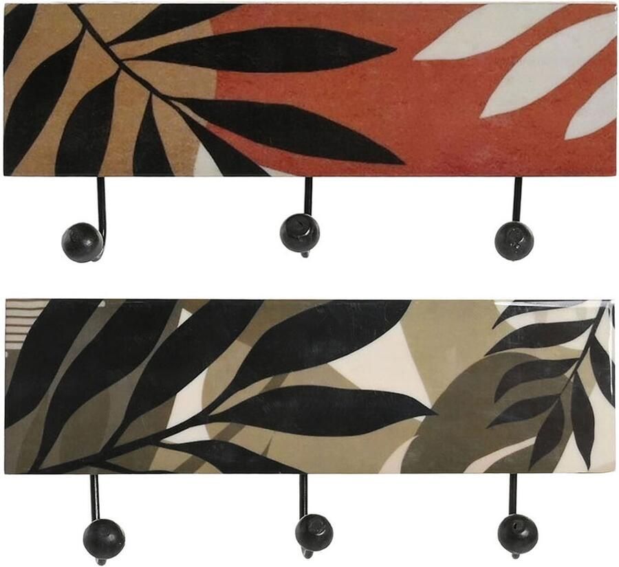 DKD Home Decor Wandkapstok Multicolour Ijzer Mangohout Tropisch Blad van een plant Coating 38 x 5 x 18 cm (2 Stuks)
