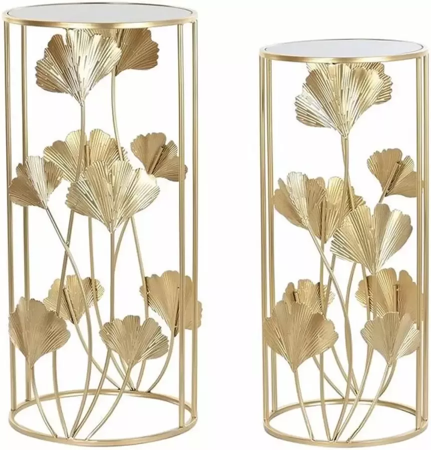 DKD Home Decor Set van 2 kleine tafels Kristal Gouden Metaal Tropisch Blad van een plant (35 x 35 x 75 cm) (2 pcs)