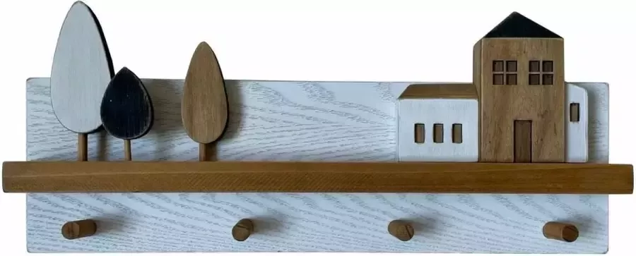 DKD Home Decor Wandkapstok Hout Stads Huizen (40 x 4 x 17 cm)