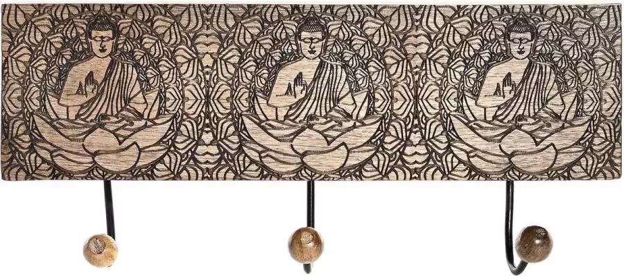 DKD Home Decor Wandkapstok Metaal Boeddha Mangohout Orientaals (38 x 6 x 18 cm)