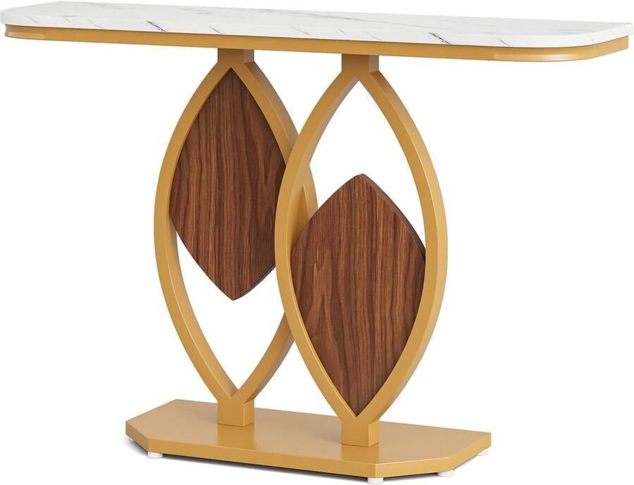 DMG Supply Consoletafel 105 cm – Tafel Wit Marmerlook Tafelblad – Goudkleurig Metalen Frame – Smalle Haltafel Foyertafel