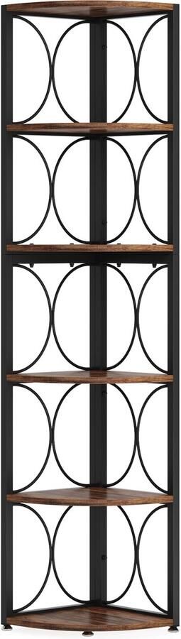 DMG Supply Hoekrek – 6 Lagen – Metalen Frame & Houtlook Planken – Ruimtebesparend Hoekmeubel – Boekenkast of Plantenrek