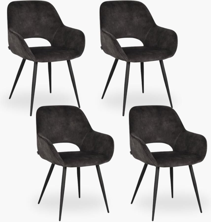 DOK 2 4x Eetkamerstoel Jenna Graphite Velours Set van 4 Granietgrijs Met Armleuning