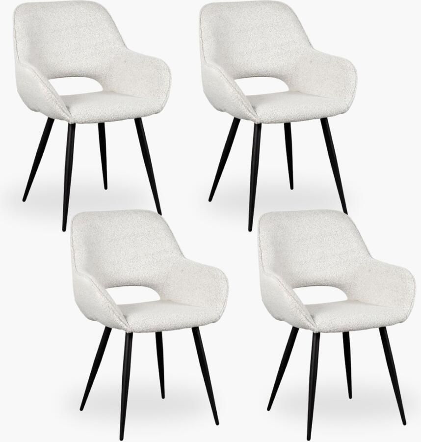 DOK 2 4x Eetkamerstoel Jenna Ivoor Boucle Set van 4 Ivory Met Armleuning