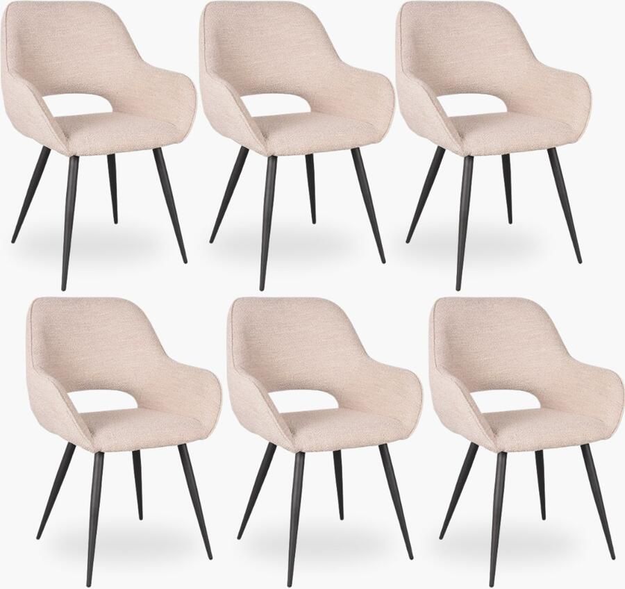 DOK 2 6x Eetkamerstoel Jenna Beige Boucle Set van 6 Beige Met Armleuning