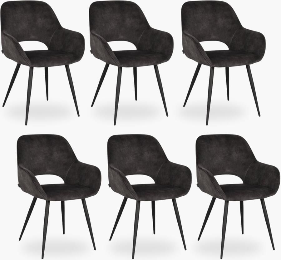 DOK 2 6x Eetkamerstoel Jenna Graphite Velours Set van 6 Granietgrijs Met Armleuning