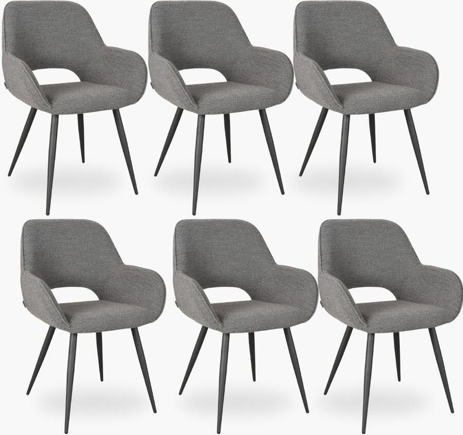 DOK 2 6x Eetkamerstoel Jenna Grijs Boucle Set van 6 Met Armleuning