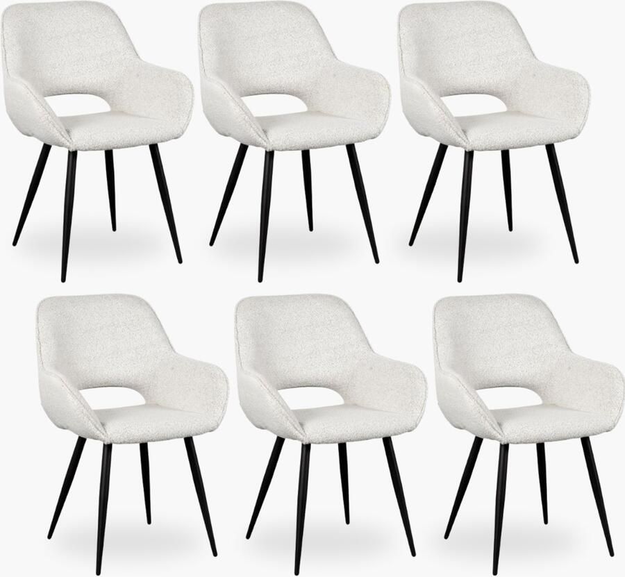 DOK 2 6x Eetkamerstoel Jenna Ivoor Boucle Set van 6 Ivory Met Armleuning